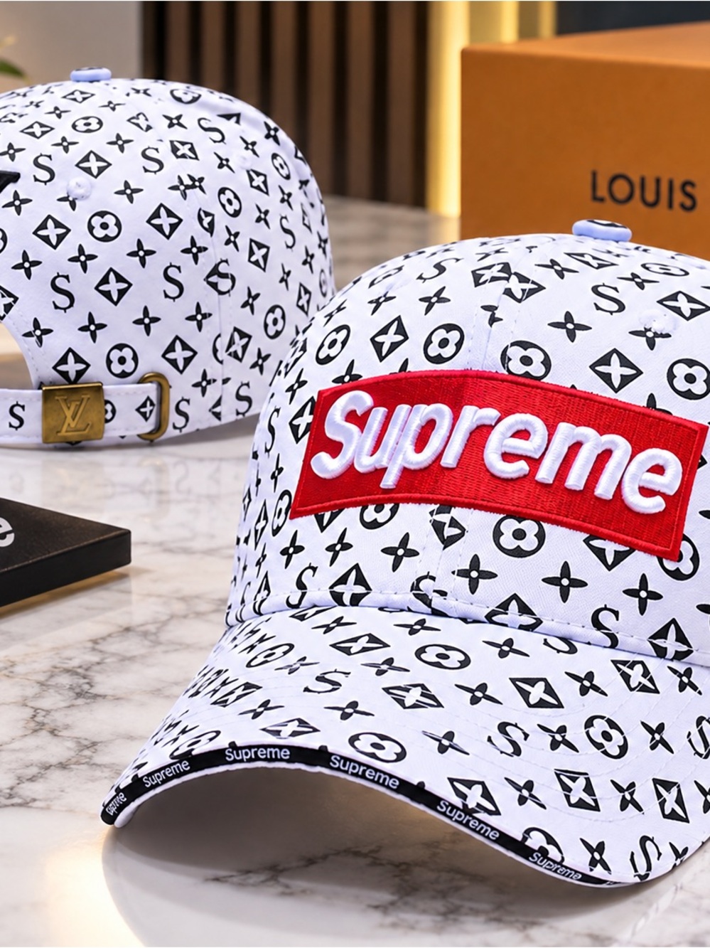 White Logo Patch Baseball Cap with Black Monogram Print